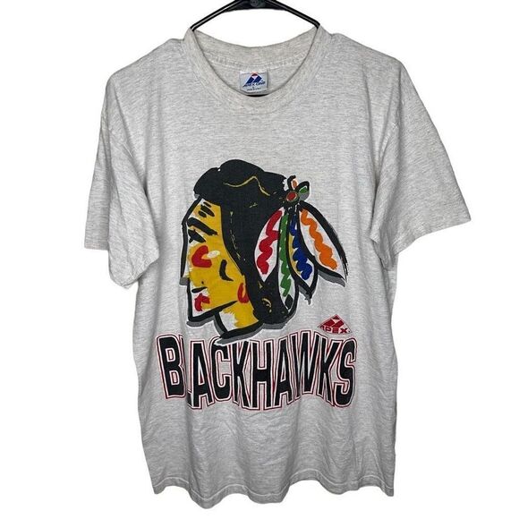 Vintage 90s Blackhawks Big Logo T Shirt Large - Picture 1 of 6
